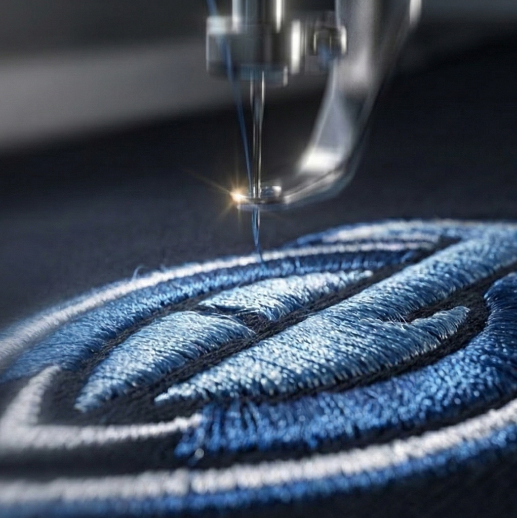 Máquina de bordado industrial de alta precisión realizando un diseño detallado en azul sobre tela oscura